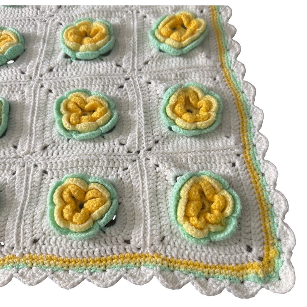 Handmade Crochet Baby Blanket 3D Floral Granny Square White Yellow 40x29